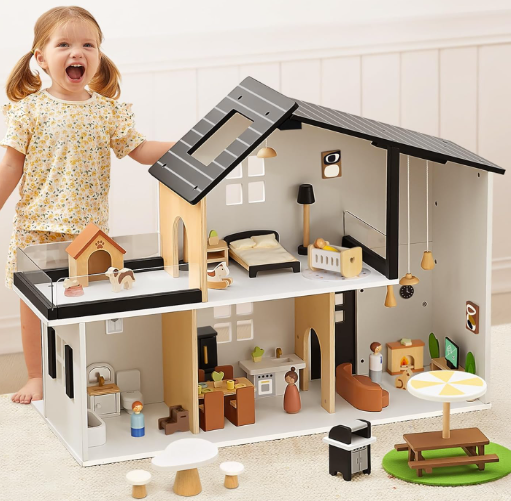 Toy Galaxy Wooden Dollhouse, Modern Doll House Toy