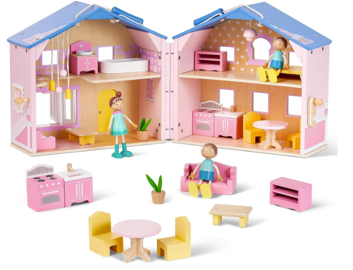 Toy Galaxy Pink Wooden Dollhouse for Girls with 2 Dolls and 12pcs Wooden Furniture