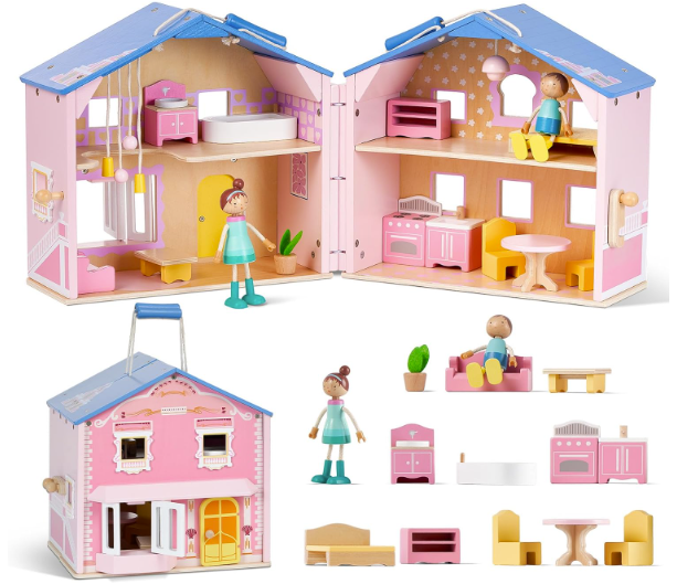 Toy Galaxy Pink Wooden Dollhouse for Girls with 2 Dolls and 12pcs Wooden Furniture