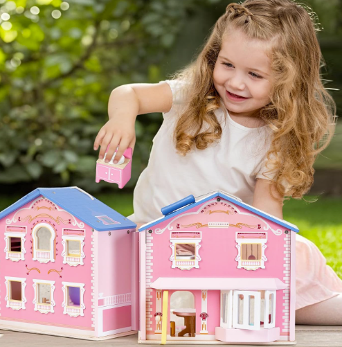 Toy Galaxy Pink Wooden Dollhouse for Girls with 2 Dolls and 12pcs Wooden Furniture