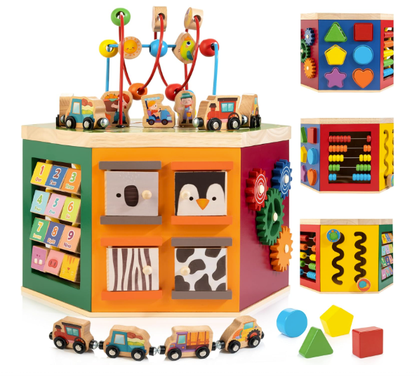 Toy Galaxy 9-in-1 Farm-Themed Wooden Play Center, Multipurpose Montessori Toy